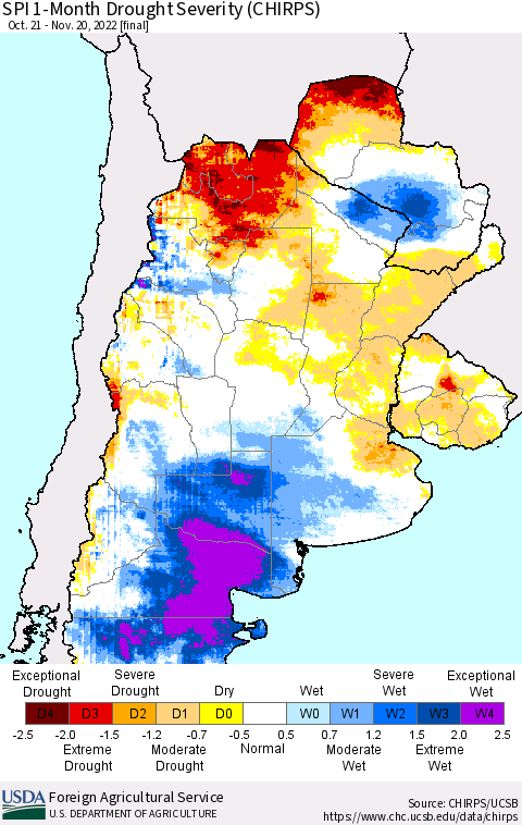 Southern South America SPI 1-Month Drought Severity (CHIRPS) Thematic Map For 10/21/2022 - 11/20/2022