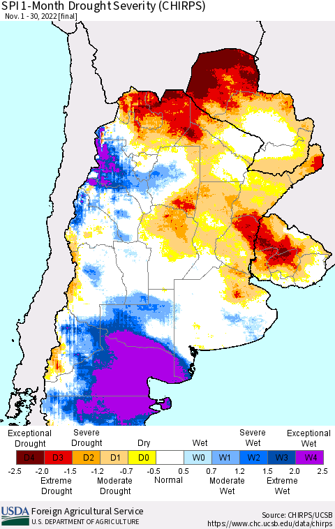 Southern South America SPI 1-Month Drought Severity (CHIRPS) Thematic Map For 11/1/2022 - 11/30/2022
