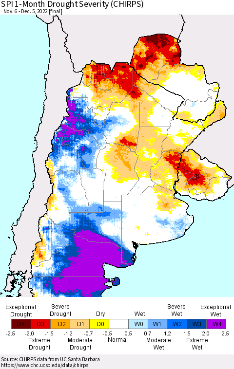 Southern South America SPI 1-Month Drought Severity (CHIRPS) Thematic Map For 11/6/2022 - 12/5/2022