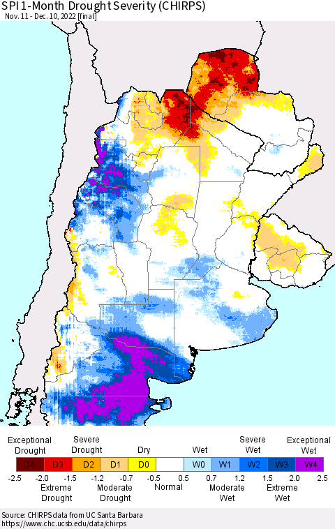 Southern South America SPI 1-Month Drought Severity (CHIRPS) Thematic Map For 11/11/2022 - 12/10/2022
