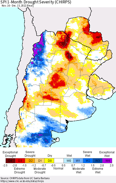 Southern South America SPI 1-Month Drought Severity (CHIRPS) Thematic Map For 11/16/2022 - 12/15/2022