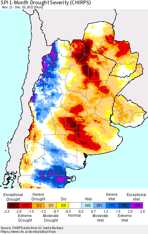 Southern South America SPI 1-Month Drought Severity (CHIRPS) Thematic Map For 11/21/2022 - 12/20/2022