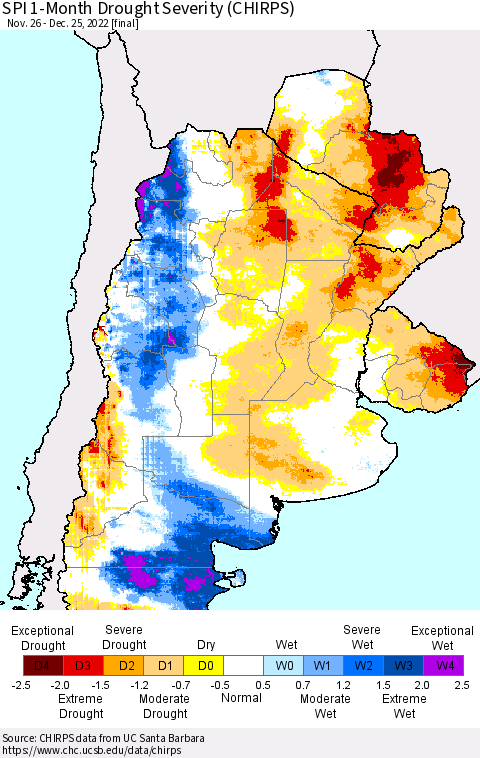 Southern South America SPI 1-Month Drought Severity (CHIRPS) Thematic Map For 11/26/2022 - 12/25/2022