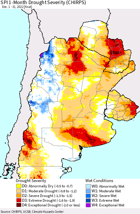 Southern South America SPI 1-Month Drought Severity (CHIRPS) Thematic Map For 12/1/2022 - 12/31/2022