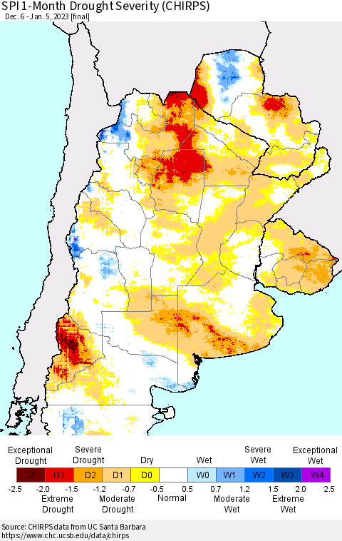 Southern South America SPI 1-Month Drought Severity (CHIRPS) Thematic Map For 12/6/2022 - 1/5/2023
