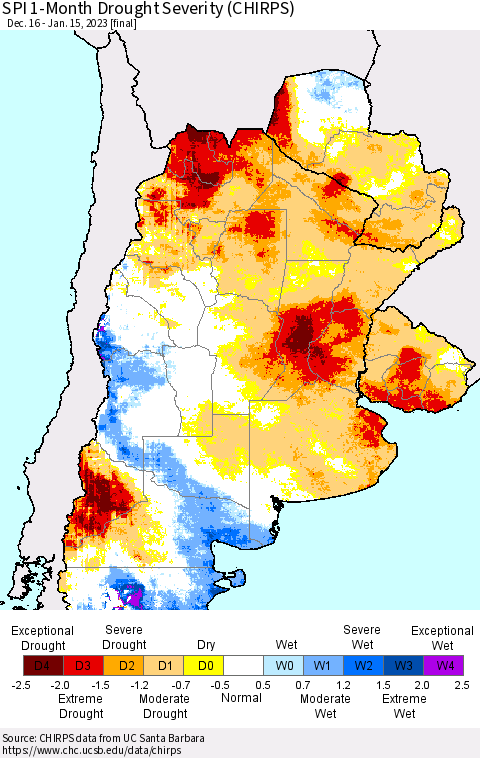 Southern South America SPI 1-Month Drought Severity (CHIRPS) Thematic Map For 12/16/2022 - 1/15/2023