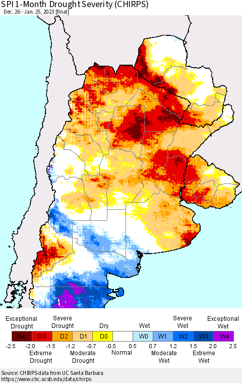 Southern South America SPI 1-Month Drought Severity (CHIRPS) Thematic Map For 12/26/2022 - 1/25/2023