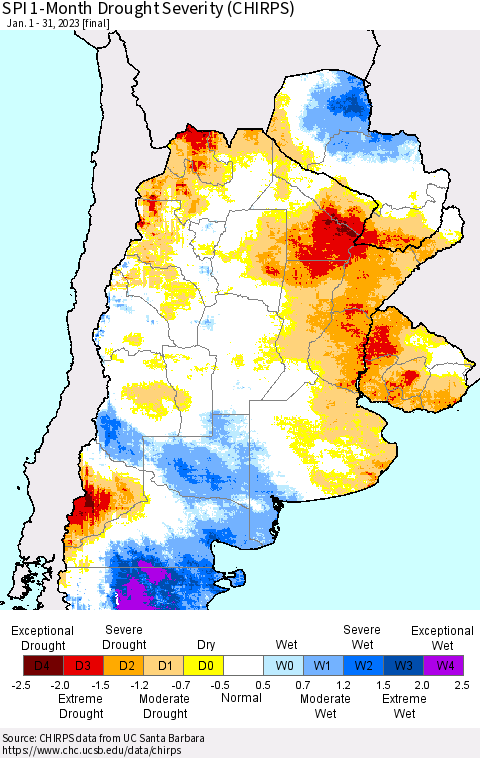 Southern South America SPI 1-Month Drought Severity (CHIRPS) Thematic Map For 1/1/2023 - 1/31/2023