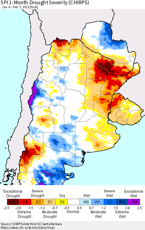 Southern South America SPI 1-Month Drought Severity (CHIRPS) Thematic Map For 1/6/2023 - 2/5/2023