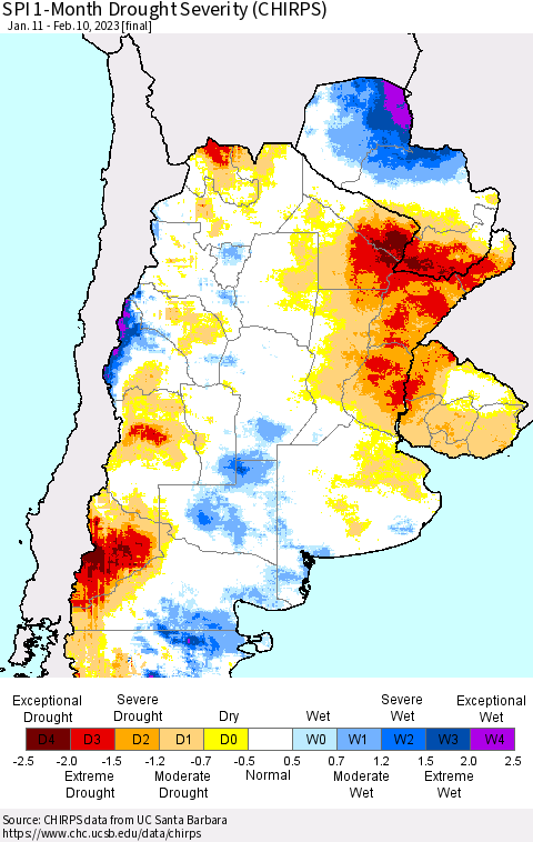 Southern South America SPI 1-Month Drought Severity (CHIRPS) Thematic Map For 1/11/2023 - 2/10/2023