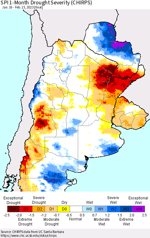 Southern South America SPI 1-Month Drought Severity (CHIRPS) Thematic Map For 1/16/2023 - 2/15/2023