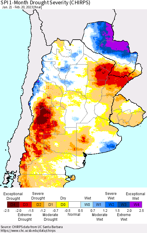 Southern South America SPI 1-Month Drought Severity (CHIRPS) Thematic Map For 1/21/2023 - 2/20/2023