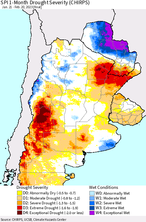 Southern South America SPI 1-Month Drought Severity (CHIRPS) Thematic Map For 1/21/2023 - 2/20/2023