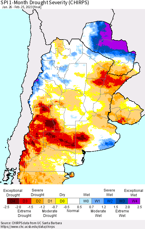 Southern South America SPI 1-Month Drought Severity (CHIRPS) Thematic Map For 1/26/2023 - 2/25/2023