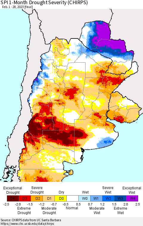 Southern South America SPI 1-Month Drought Severity (CHIRPS) Thematic Map For 2/1/2023 - 2/28/2023