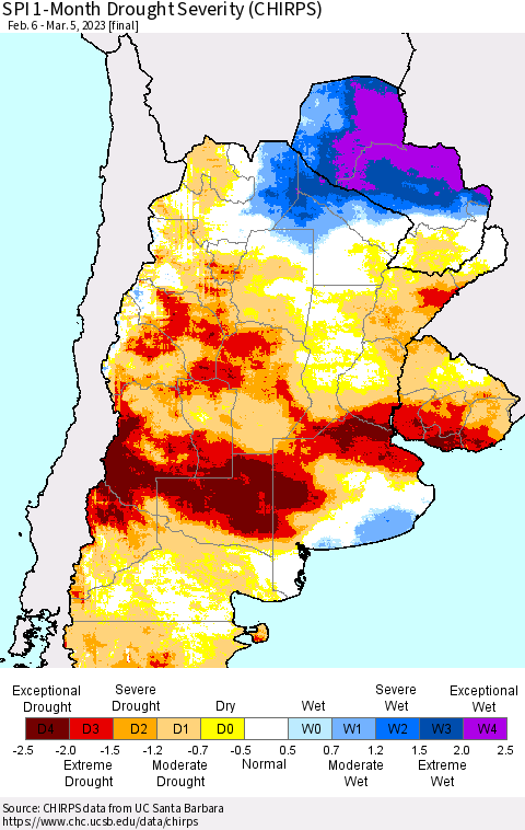 Southern South America SPI 1-Month Drought Severity (CHIRPS) Thematic Map For 2/6/2023 - 3/5/2023
