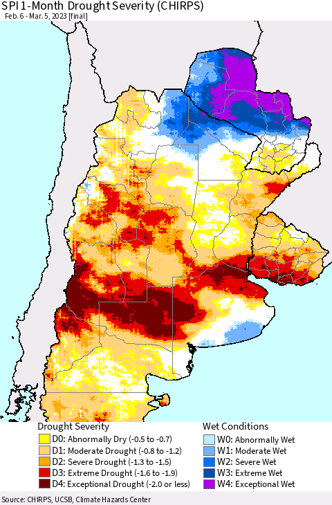 Southern South America SPI 1-Month Drought Severity (CHIRPS) Thematic Map For 2/6/2023 - 3/5/2023