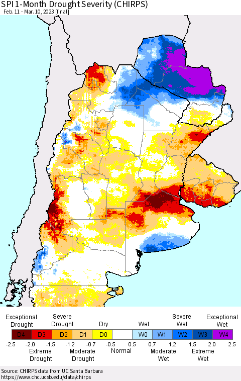 Southern South America SPI 1-Month Drought Severity (CHIRPS) Thematic Map For 2/11/2023 - 3/10/2023