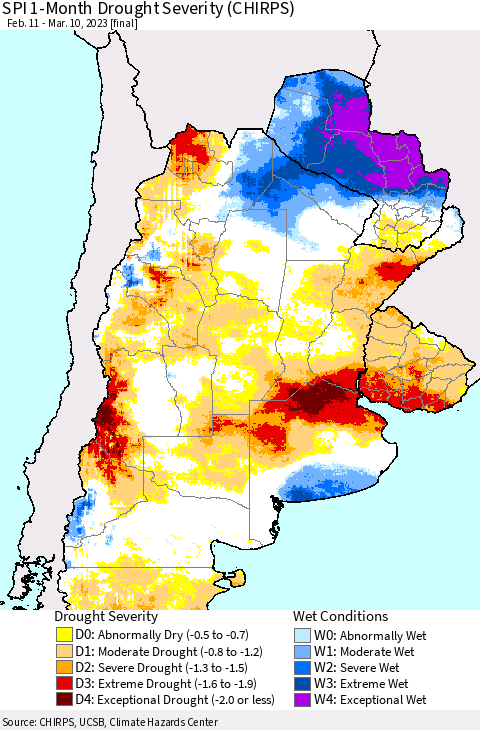 Southern South America SPI 1-Month Drought Severity (CHIRPS) Thematic Map For 2/11/2023 - 3/10/2023