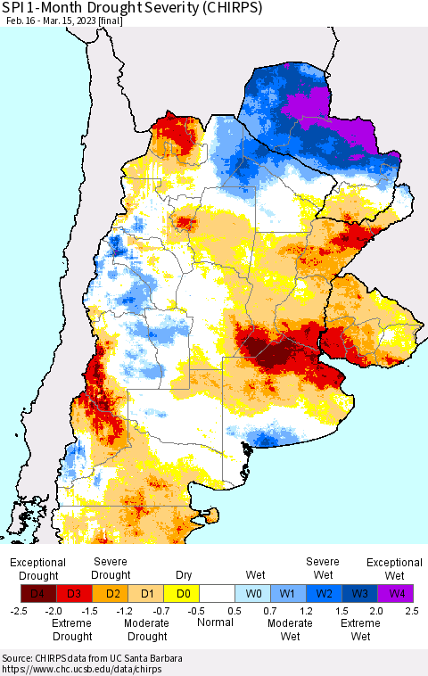 Southern South America SPI 1-Month Drought Severity (CHIRPS) Thematic Map For 2/16/2023 - 3/15/2023