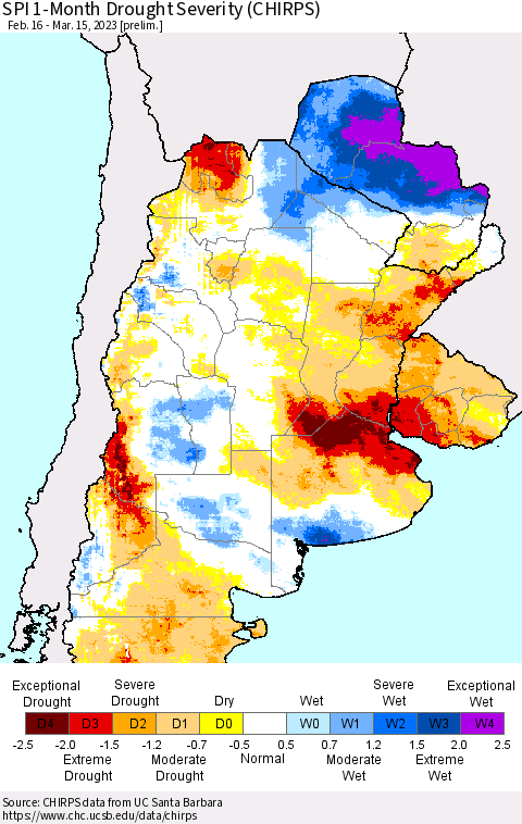 Southern South America SPI 1-Month Drought Severity (CHIRPS) Thematic Map For 2/16/2023 - 3/15/2023