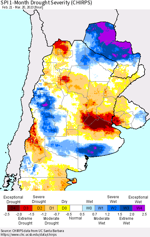 Southern South America SPI 1-Month Drought Severity (CHIRPS) Thematic Map For 2/21/2023 - 3/20/2023