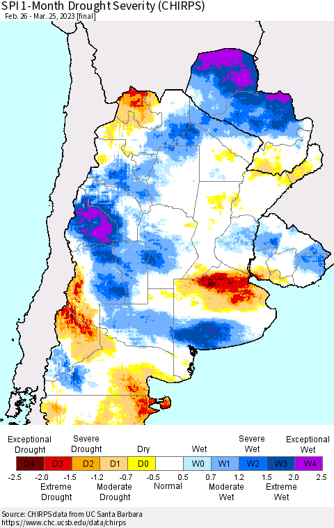 Southern South America SPI 1-Month Drought Severity (CHIRPS) Thematic Map For 2/26/2023 - 3/25/2023