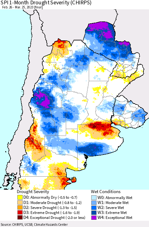 Southern South America SPI 1-Month Drought Severity (CHIRPS) Thematic Map For 2/26/2023 - 3/25/2023