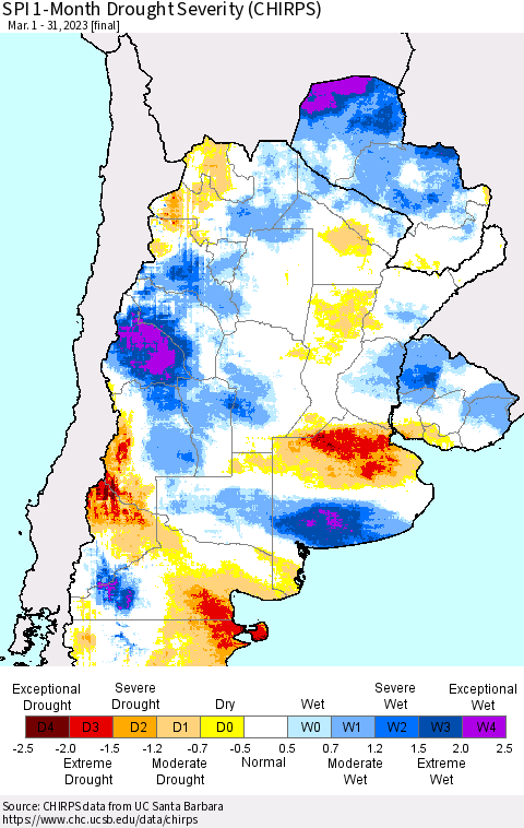Southern South America SPI 1-Month Drought Severity (CHIRPS) Thematic Map For 3/1/2023 - 3/31/2023