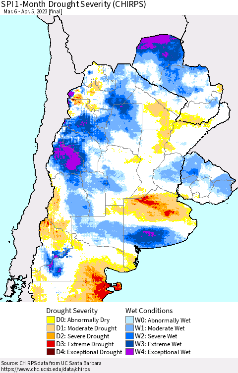 Southern South America SPI 1-Month Drought Severity (CHIRPS) Thematic Map For 3/6/2023 - 4/5/2023