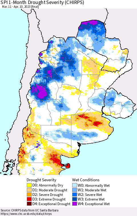 Southern South America SPI 1-Month Drought Severity (CHIRPS) Thematic Map For 3/11/2023 - 4/10/2023