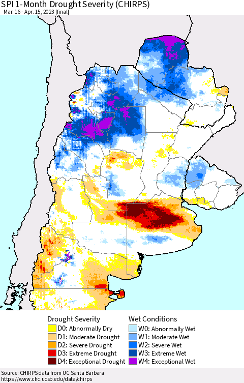 Southern South America SPI 1-Month Drought Severity (CHIRPS) Thematic Map For 3/16/2023 - 4/15/2023