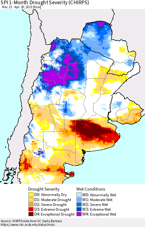 Southern South America SPI 1-Month Drought Severity (CHIRPS) Thematic Map For 3/21/2023 - 4/20/2023