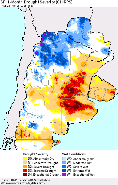 Southern South America SPI 1-Month Drought Severity (CHIRPS) Thematic Map For 3/26/2023 - 4/25/2023