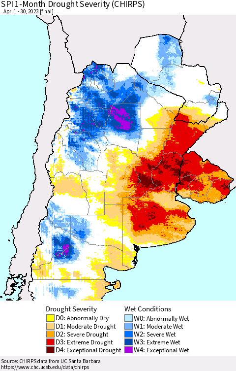 Southern South America SPI 1-Month Drought Severity (CHIRPS) Thematic Map For 4/1/2023 - 4/30/2023