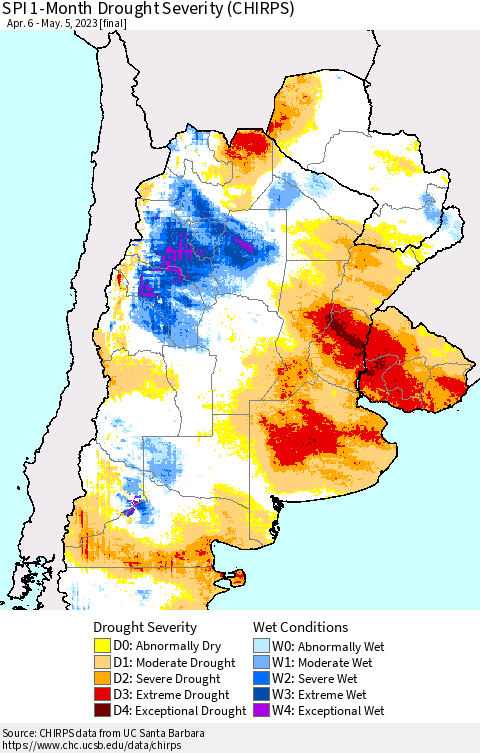 Southern South America SPI 1-Month Drought Severity (CHIRPS) Thematic Map For 4/6/2023 - 5/5/2023