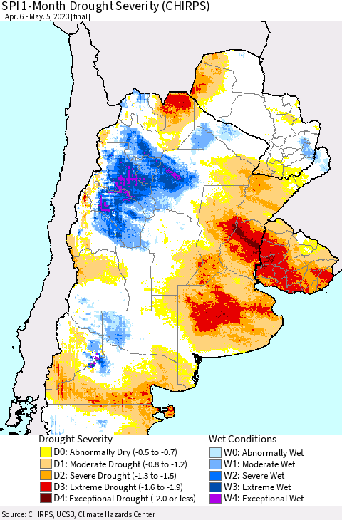 Southern South America SPI 1-Month Drought Severity (CHIRPS) Thematic Map For 4/6/2023 - 5/5/2023