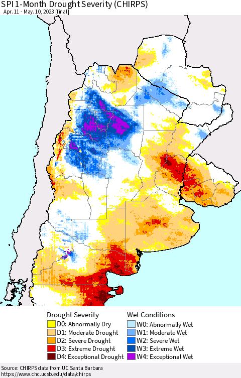 Southern South America SPI 1-Month Drought Severity (CHIRPS) Thematic Map For 4/11/2023 - 5/10/2023