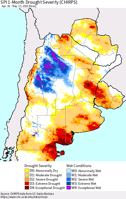 Southern South America SPI 1-Month Drought Severity (CHIRPS) Thematic Map For 4/16/2023 - 5/15/2023