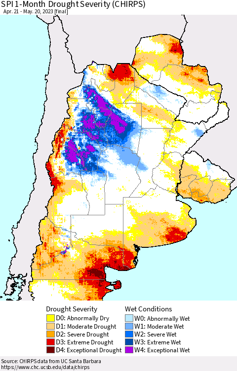 Southern South America SPI 1-Month Drought Severity (CHIRPS) Thematic Map For 4/21/2023 - 5/20/2023