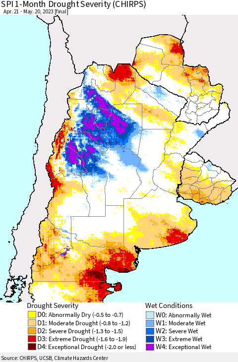 Southern South America SPI 1-Month Drought Severity (CHIRPS) Thematic Map For 4/21/2023 - 5/20/2023