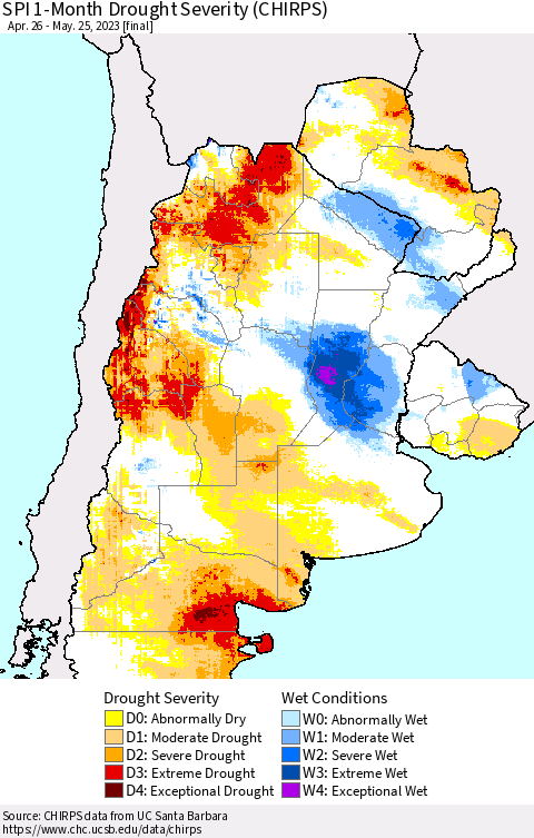 Southern South America SPI 1-Month Drought Severity (CHIRPS) Thematic Map For 4/26/2023 - 5/25/2023