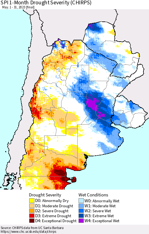 Southern South America SPI 1-Month Drought Severity (CHIRPS) Thematic Map For 5/1/2023 - 5/31/2023