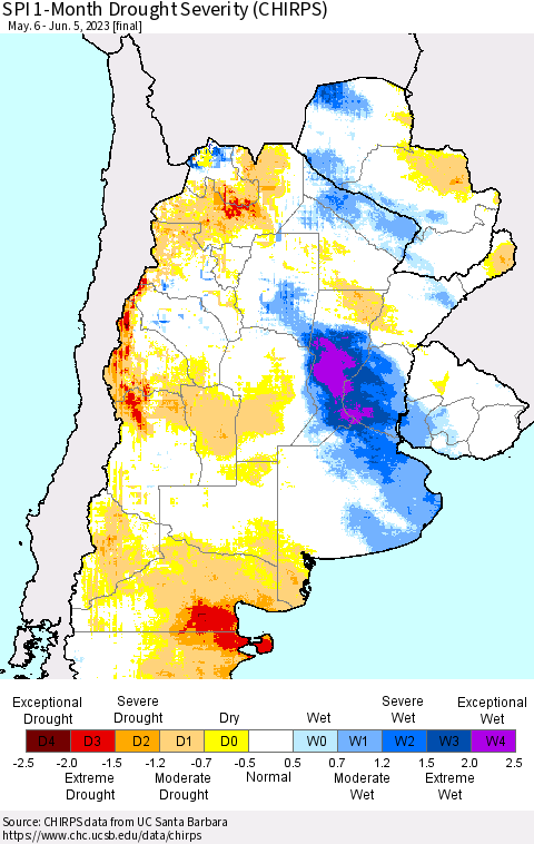 Southern South America SPI 1-Month Drought Severity (CHIRPS) Thematic Map For 5/6/2023 - 6/5/2023