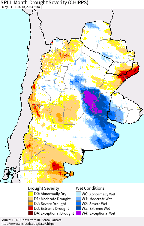 Southern South America SPI 1-Month Drought Severity (CHIRPS) Thematic Map For 5/11/2023 - 6/10/2023