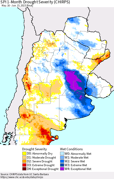 Southern South America SPI 1-Month Drought Severity (CHIRPS) Thematic Map For 5/16/2023 - 6/15/2023