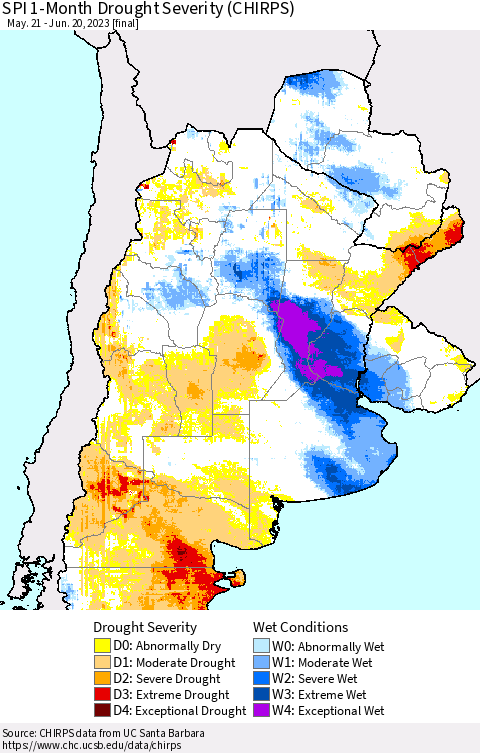 Southern South America SPI 1-Month Drought Severity (CHIRPS) Thematic Map For 5/21/2023 - 6/20/2023