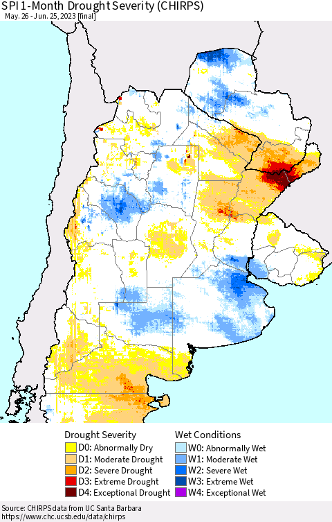 Southern South America SPI 1-Month Drought Severity (CHIRPS) Thematic Map For 5/26/2023 - 6/25/2023
