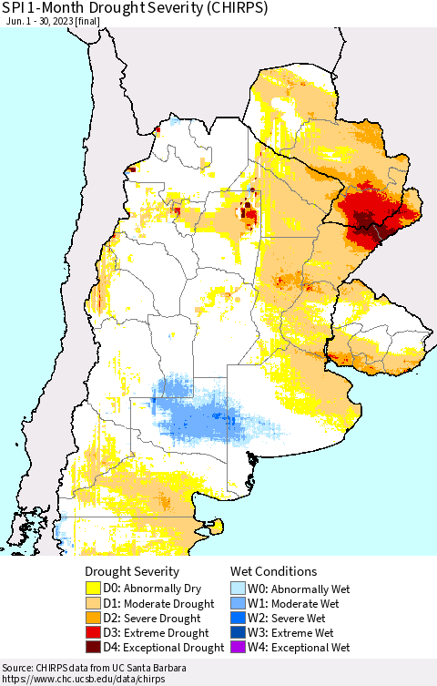 Southern South America SPI 1-Month Drought Severity (CHIRPS) Thematic Map For 6/1/2023 - 6/30/2023