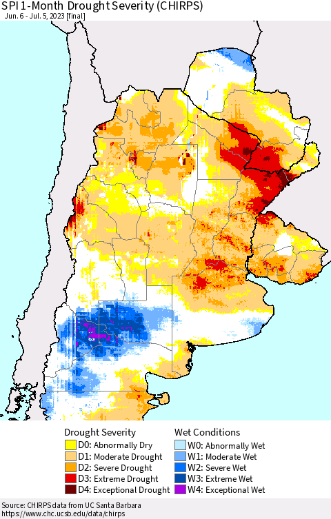 Southern South America SPI 1-Month Drought Severity (CHIRPS) Thematic Map For 6/6/2023 - 7/5/2023